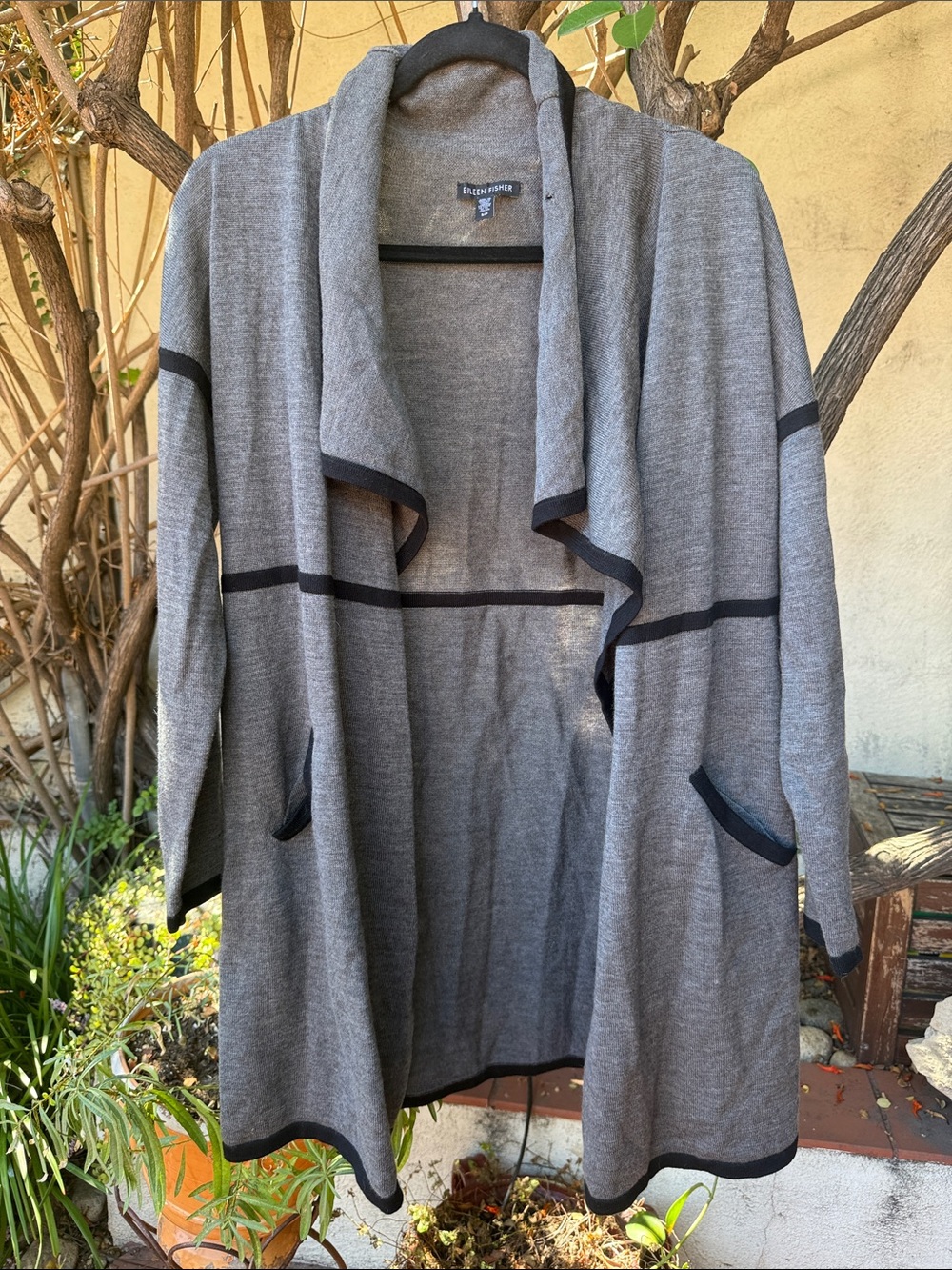 Eileen Fisher Gray Draped Open-Front Cardigan with Black Trim